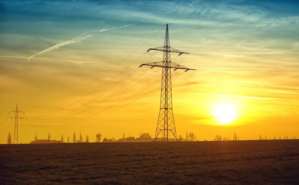 power lines, fields, sunset, twilight, sun, current, sky, evening sky, nature, power supply, electricity, dusk, rural, countryside, landscape