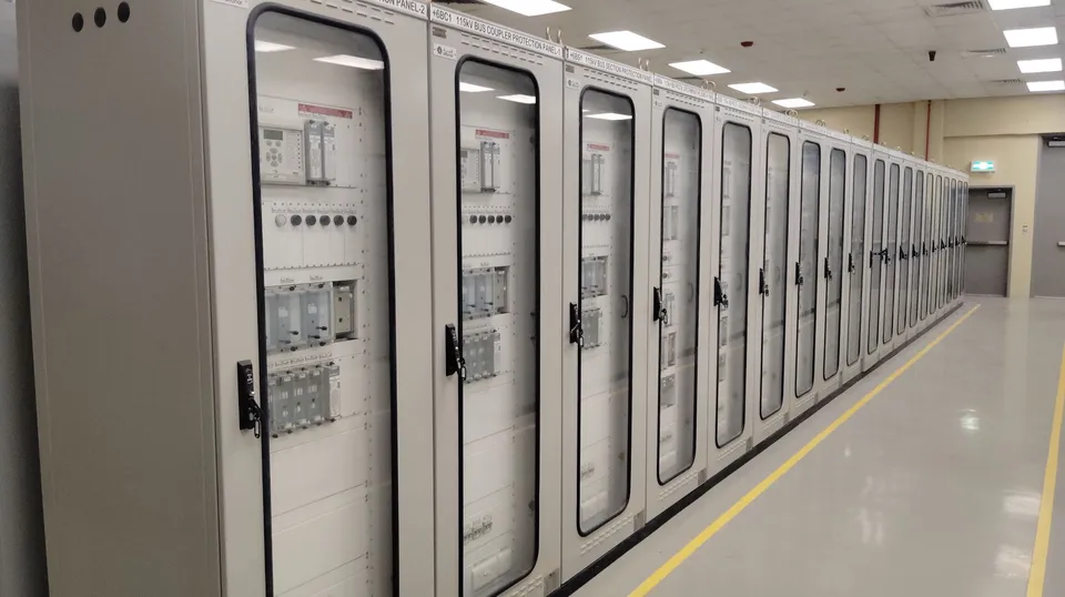 View of an industrial control room featuring rows of electrical panels in a well-lit environment.
